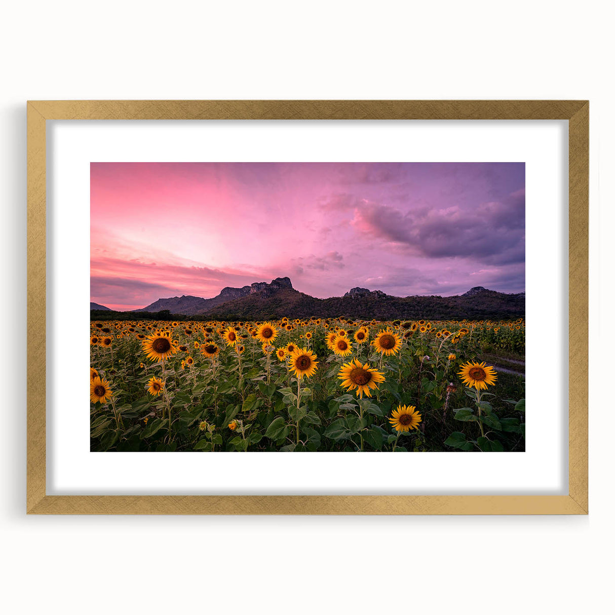 Extra large abstract art print of a textured Kansas scenery in muted earth tones, framed in gold.