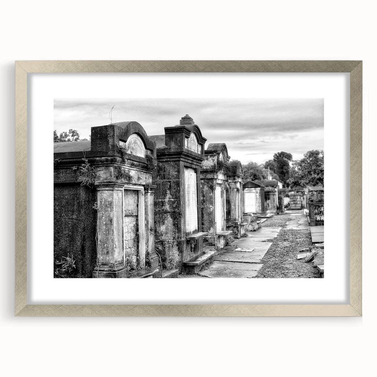 Textured abstract art print of New Orleans skyline in muted gray and silver tones, framed in silver, ideal for bedroom art.