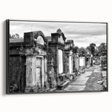 Black and white framed canvas of a vintage New Orleans landscape, ideal for bedroom wall decor.