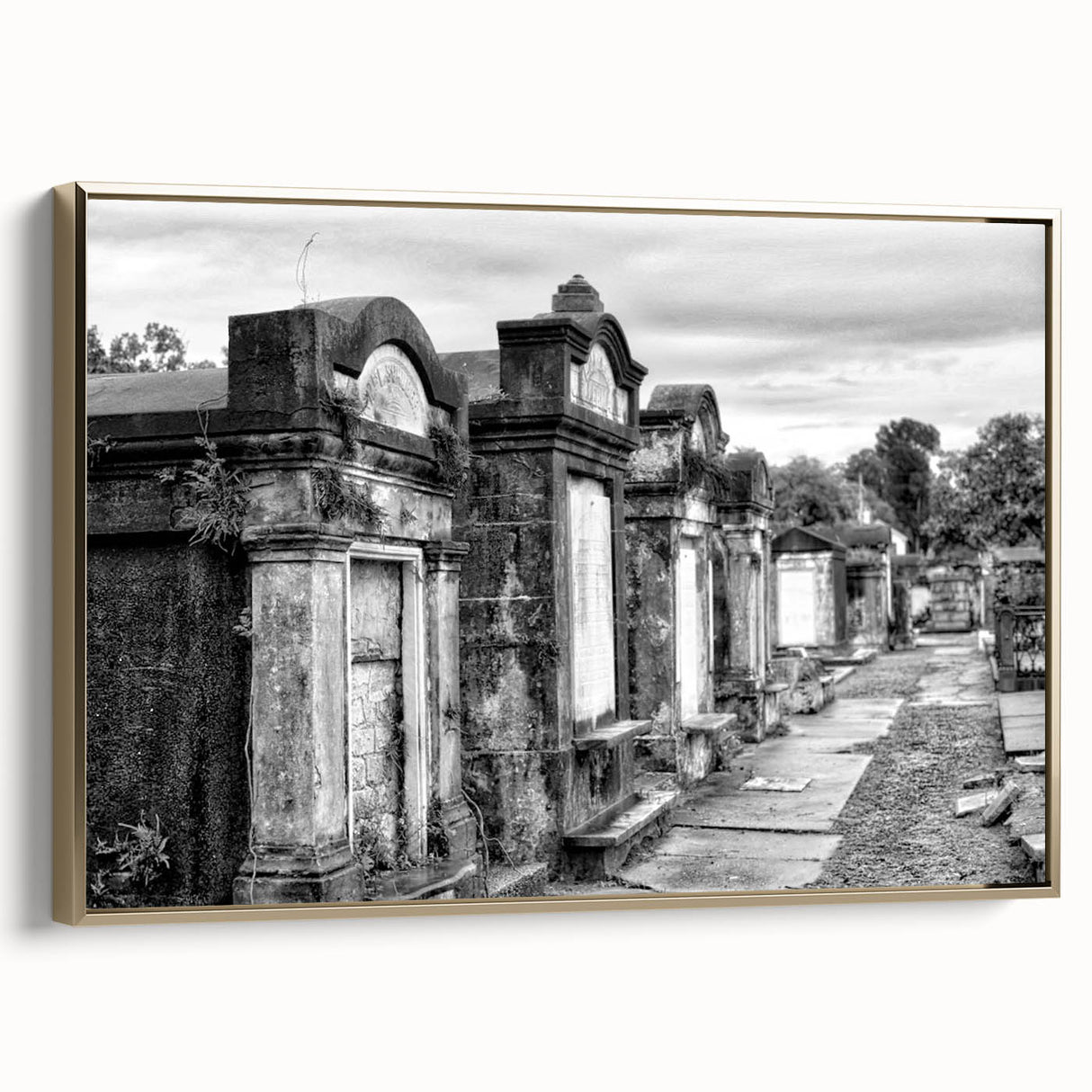 Framed canvas wall art featuring a vintage-style New Orleans landscape in black and gold tones, ideal for bedroom decor.