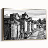 Framed canvas wall art featuring a vintage-style New Orleans landscape in black and gold tones, ideal for bedroom decor.