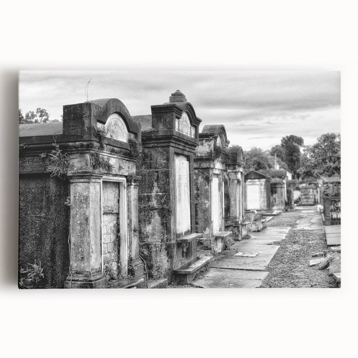 Black and white stretched canvas of New Orleans street scene, ideal for kitchen wall art.