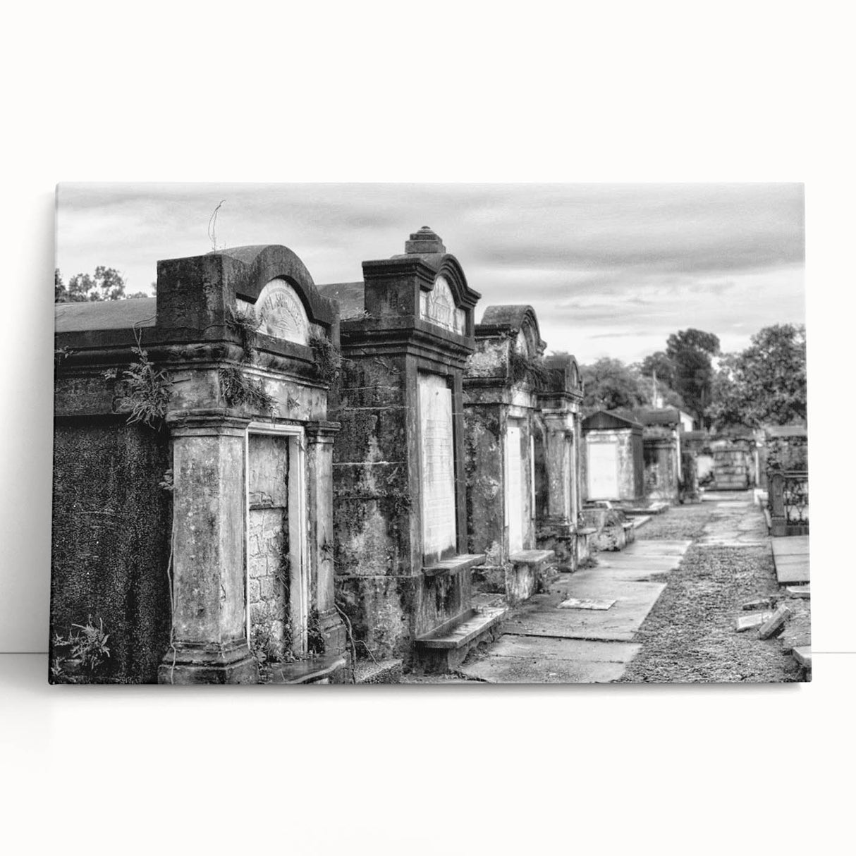 Black and white stretched canvas depicting a New Orleans street scene, ideal for kitchen wall art.