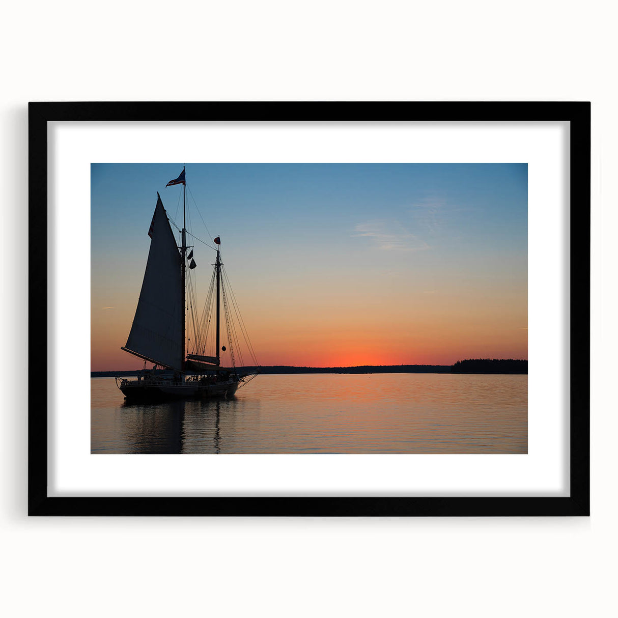 Extra large abstract art print of a Maine scenery in vibrant colors, textured on a black framed canvas.