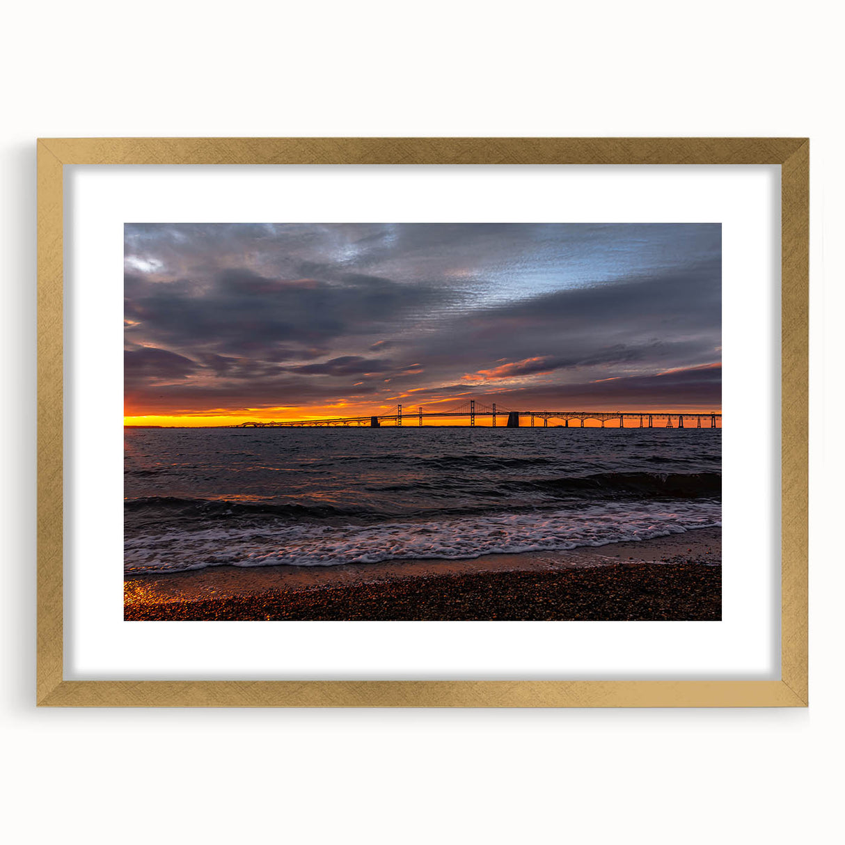 Extra large abstract art print of Annapolis scenery in gold frame with mat, featuring textured details in muted tones.