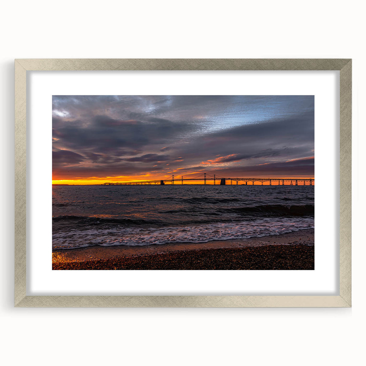 Textured abstract art print of Annapolis scenery in muted gray tones, framed in silver, ideal for bedroom decor.