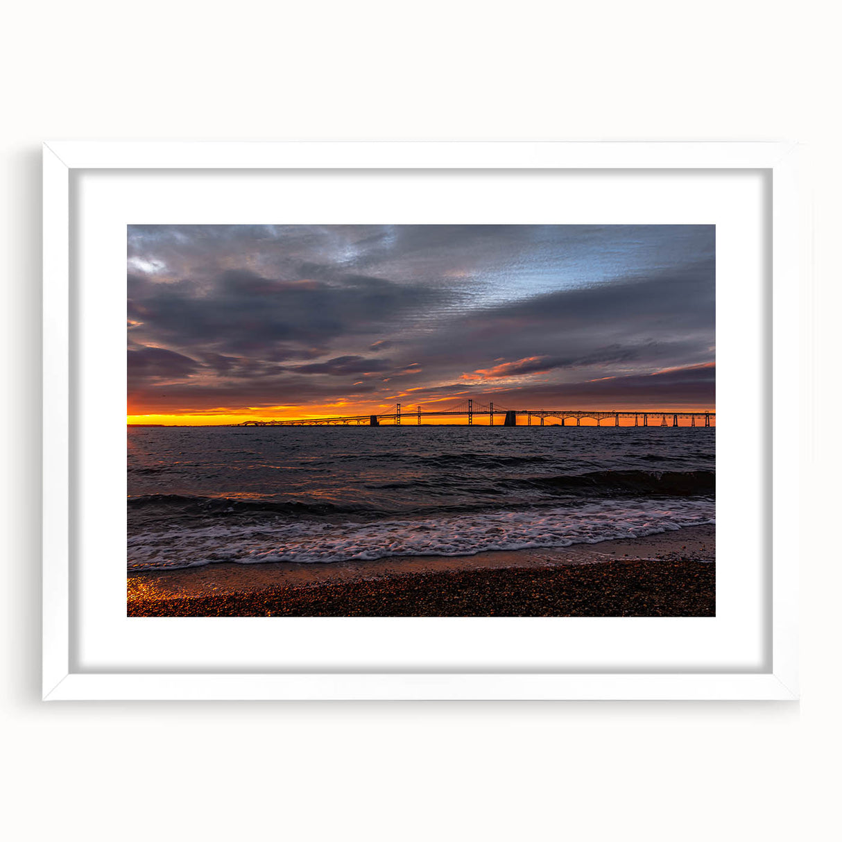 Abstract art print of Annapolis scenery in muted blue and white tones, framed with a white mat.