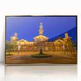 Framed acrylic print of Baltimore skyline in muted gold and blue tones, suitable for modern art wall decor.