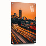 Acrylic print of a large abstract depiction of Boston’s skyline in muted blue and gray tones.