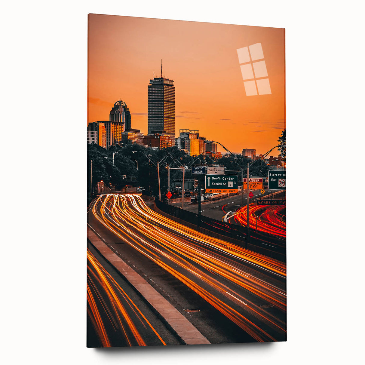 Large abstract depiction of Boston skyline in muted blue and gray tones on acrylic glass.