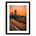 Colorful abstract art print of Boston skyline, textured on large canvas, suitable for living room decor.
