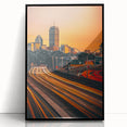 Large abstract wall art depicting Boston's skyline in muted gray and blue tones on a framed acrylic.