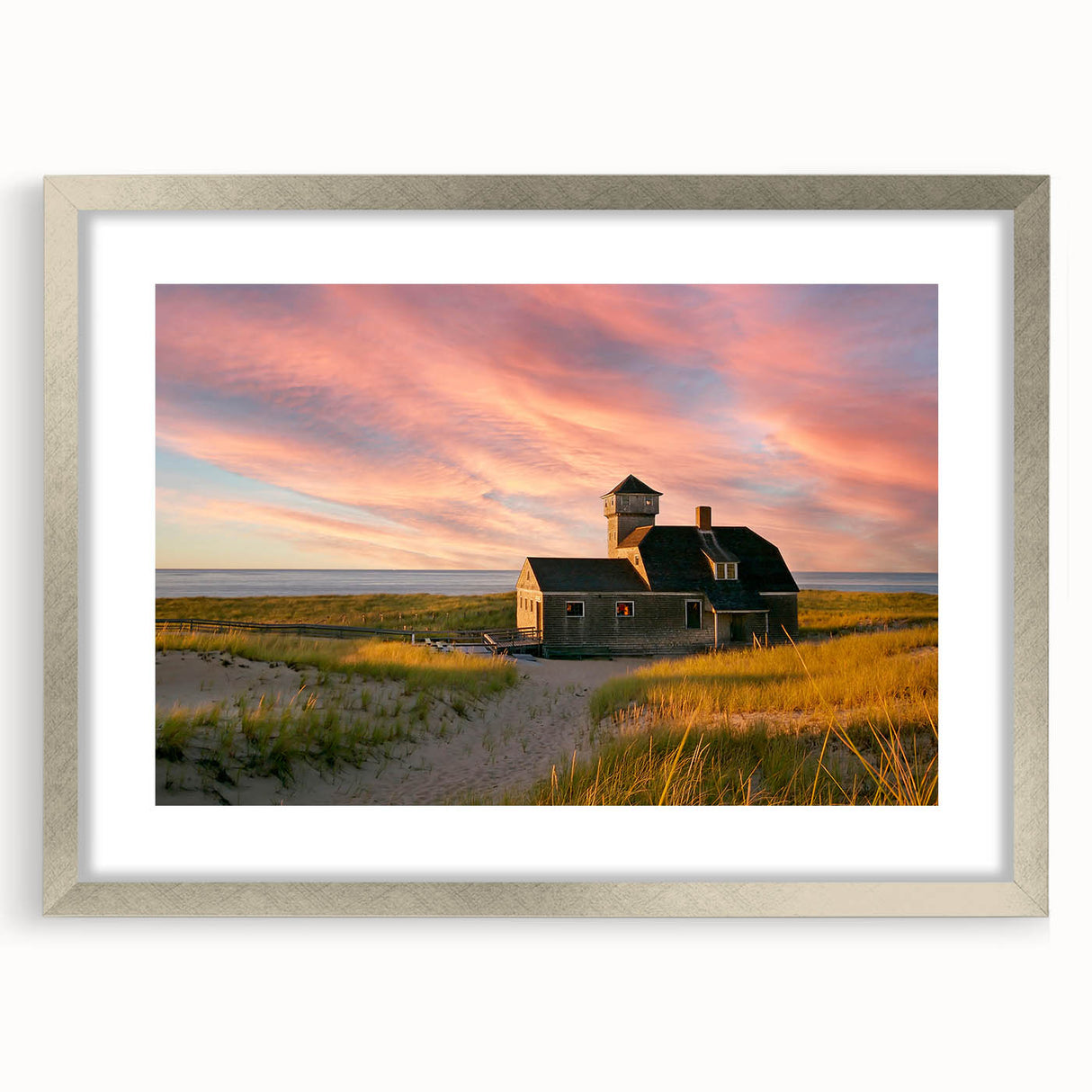 Abstract textured art print depicting a serene Massachusetts cape scene, in muted blues and greens, framed with a silver mat.