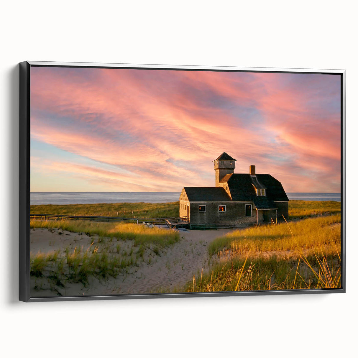 Black and white landscape art painting of Cape Cod on framed canvas, ideal for bedroom wall decor.