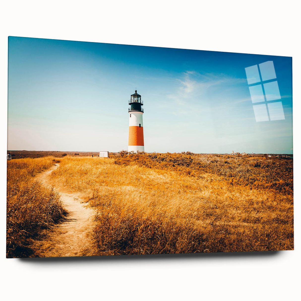 Large abstract wall art of Nantucket scenery in muted blue and gray hues on acrylic glass.