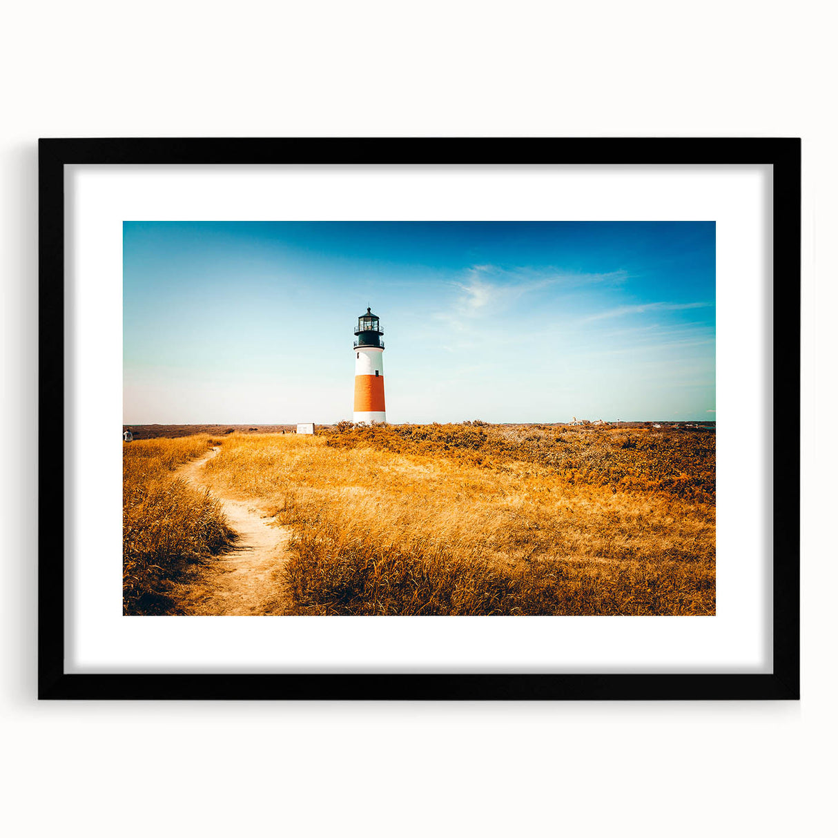 Extra large abstract art print featuring colorful, textured scenery of Nantucket, in a black frame.
