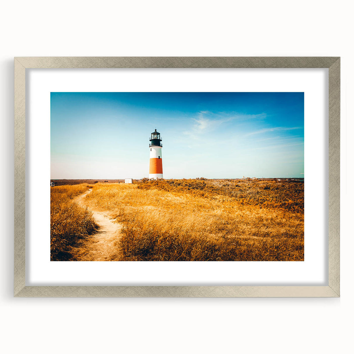 Textured abstract art print of Massachusetts Nantucket scenery in silver frame, suitable for bedroom decor.