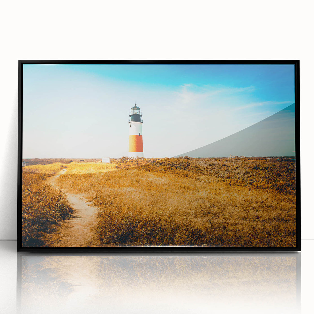 Large abstract wall art depicting a Massachusetts Nantucket scenery in muted earth tones on a black framed acrylic.