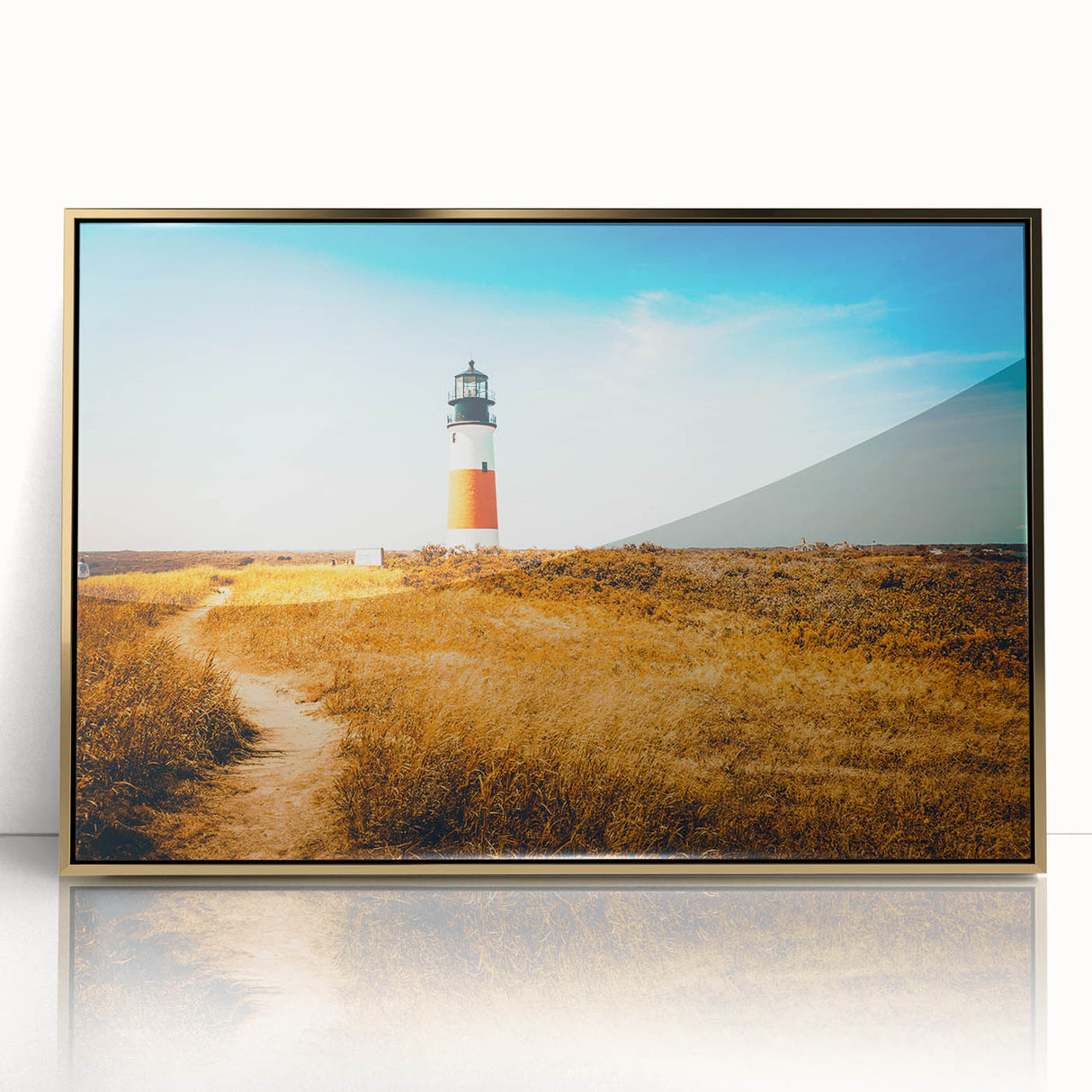 Mid-century modernist art of Nantucket scenery in gold frame, acrylic print, ideal for modern art wall decor.