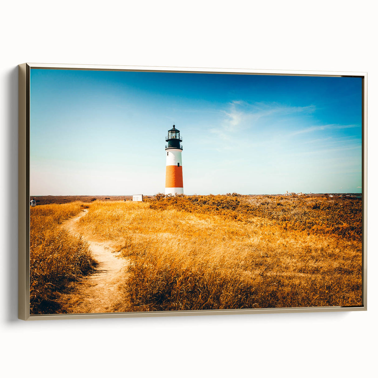 Framed canvas featuring a vintage-style landscape of Nantucket in black and gold tones, ideal for bedroom decor.