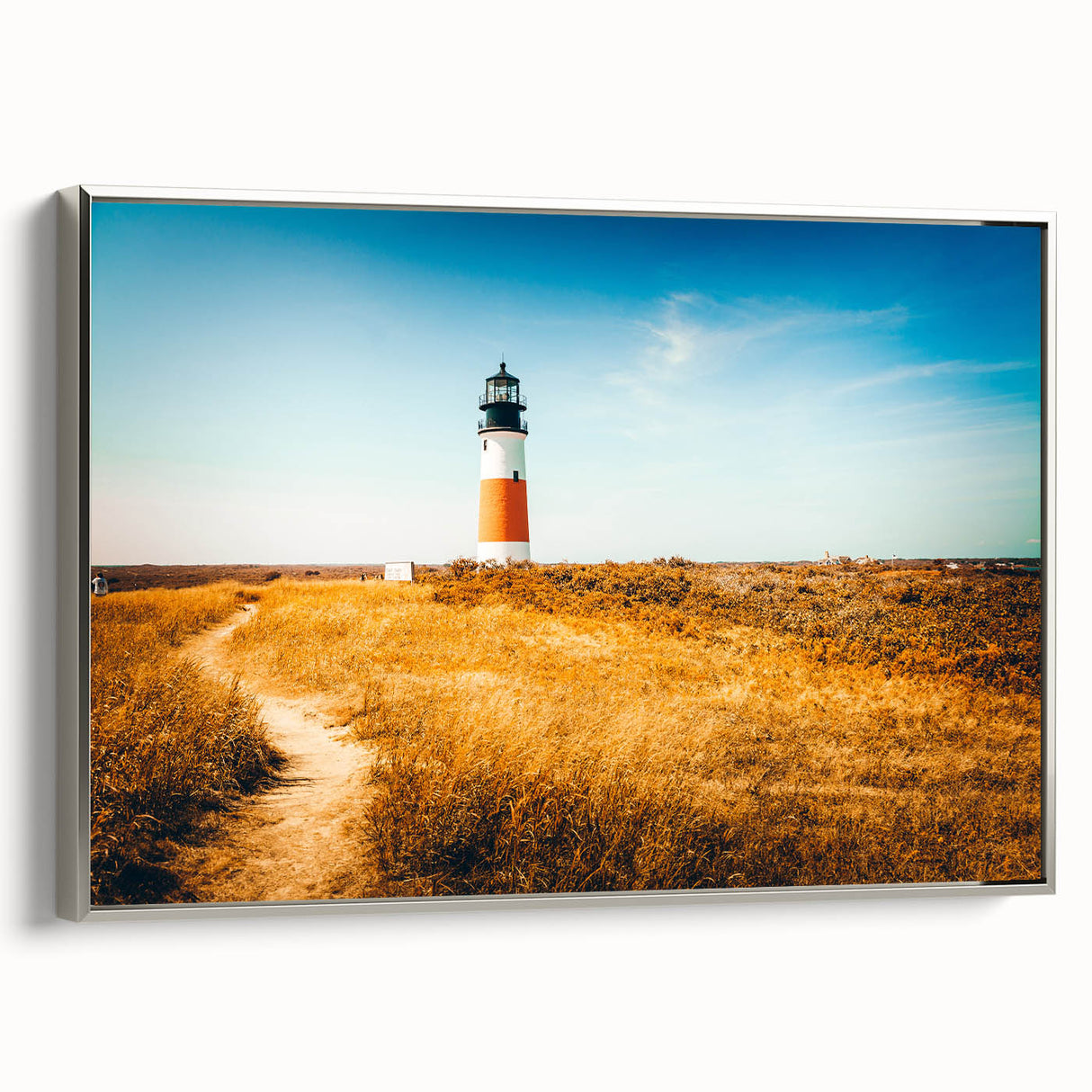 Framed canvas landscape art of Nantucket, Massachusetts in muted gray and colorful tones, ideal for living room decor.