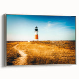 Framed canvas landscape art of Nantucket, Massachusetts in muted gray and colorful tones, ideal for living room decor.