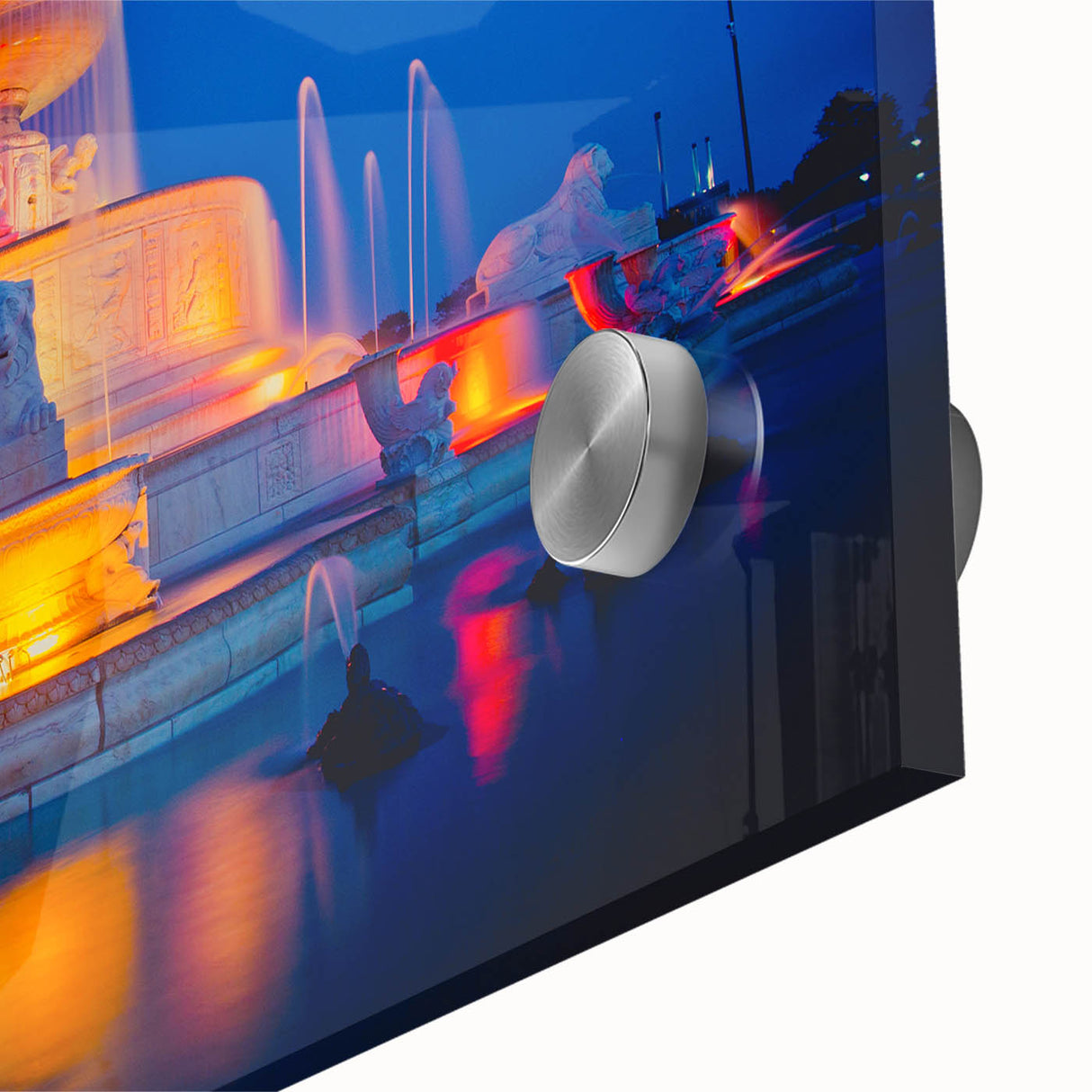 Large abstract wall art depicting the Detroit skyline in vibrant twilight hues, printed on acrylic glass.