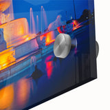 Large abstract wall art depicting the Detroit skyline in vibrant twilight hues, printed on acrylic glass.