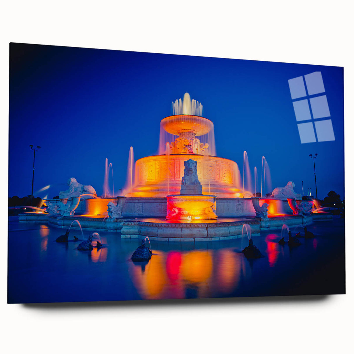 Large abstract wall art of Detroit skyline in muted gray and blue tones on acrylic glass.