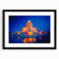Extra large abstract art print of colorful, textured Detroit skyline on black framed canvas, ideal for living room decor.