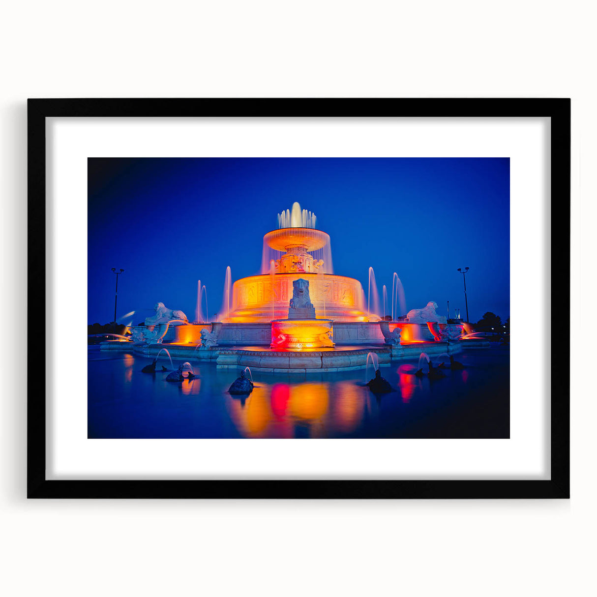 Extra large abstract art print of colorful, textured Detroit skyline on black framed canvas, ideal for living room decor.