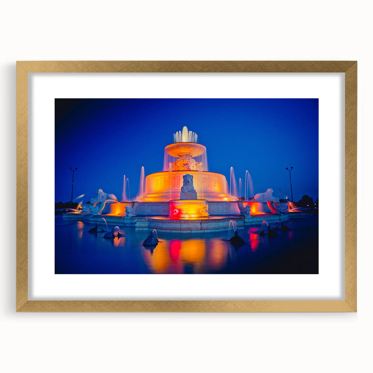 Extra large abstract art print of Detroit skyline in muted gray and blue tones, framed in gold, ideal for living room decor.