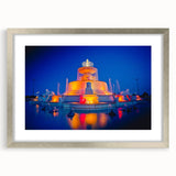 Textured abstract art print of Detroit skyline in muted gray and blue tones on a framed silver mat, suitable for bedroom art.