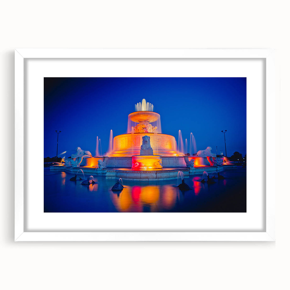 Abstract art print of Detroit skyline in muted gray and blue tones on a white-framed mat, suitable for dining room decor.