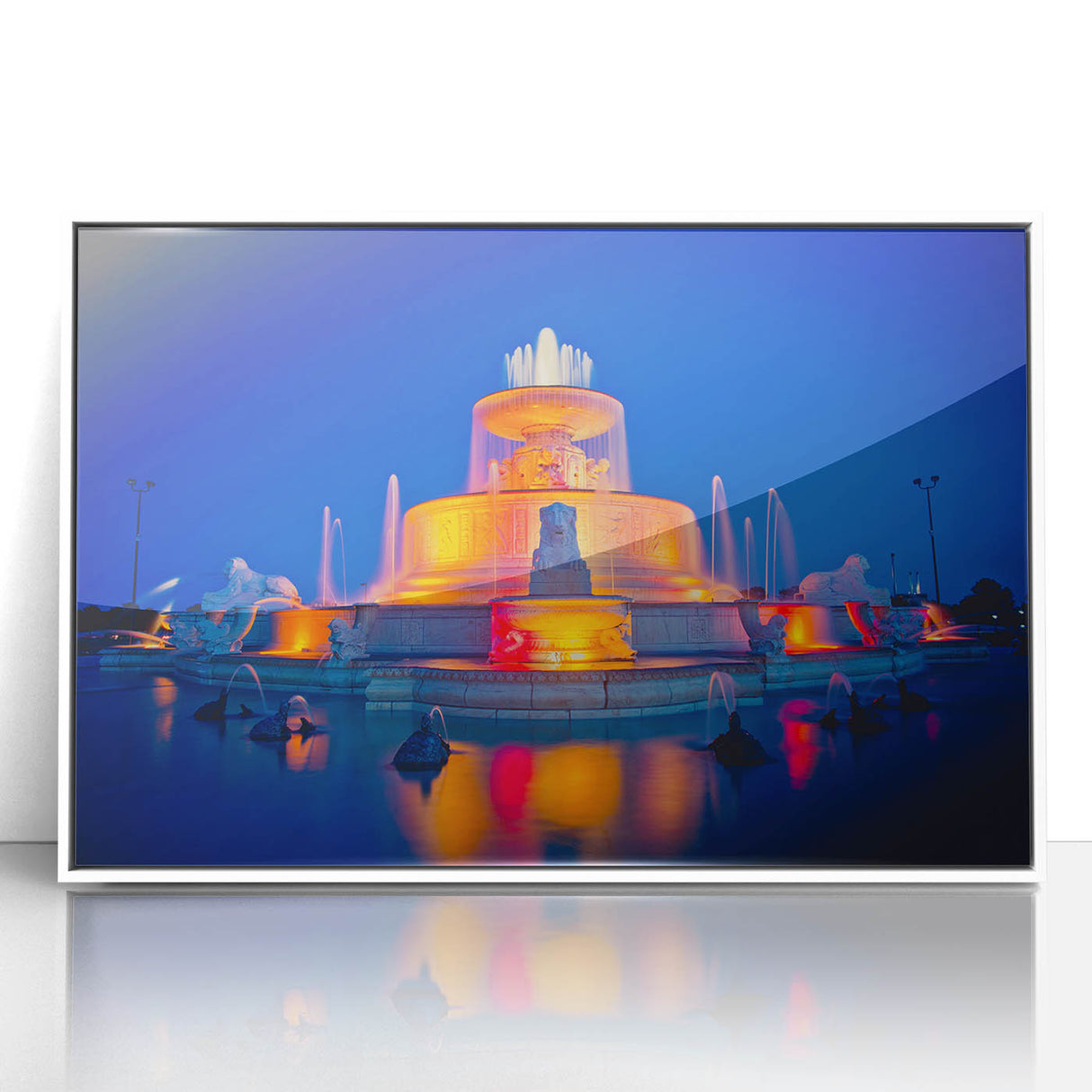 Art deco poster of Detroit skyline in muted gray and blue tones on a framed acrylic, ideal for modern bedroom ambiance.