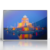 Art deco poster of Detroit skyline in muted gray and blue tones on a framed acrylic, ideal for modern bedroom ambiance.