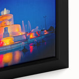 Close-up of a textured black wall art featuring a vibrant, colorful Detroit skyline on a framed canvas.