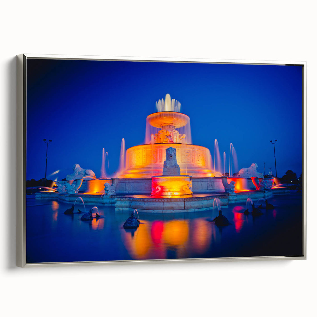 Framed canvas of a vintage-style Detroit skyline in muted black with colorful accents, ideal for office decor.