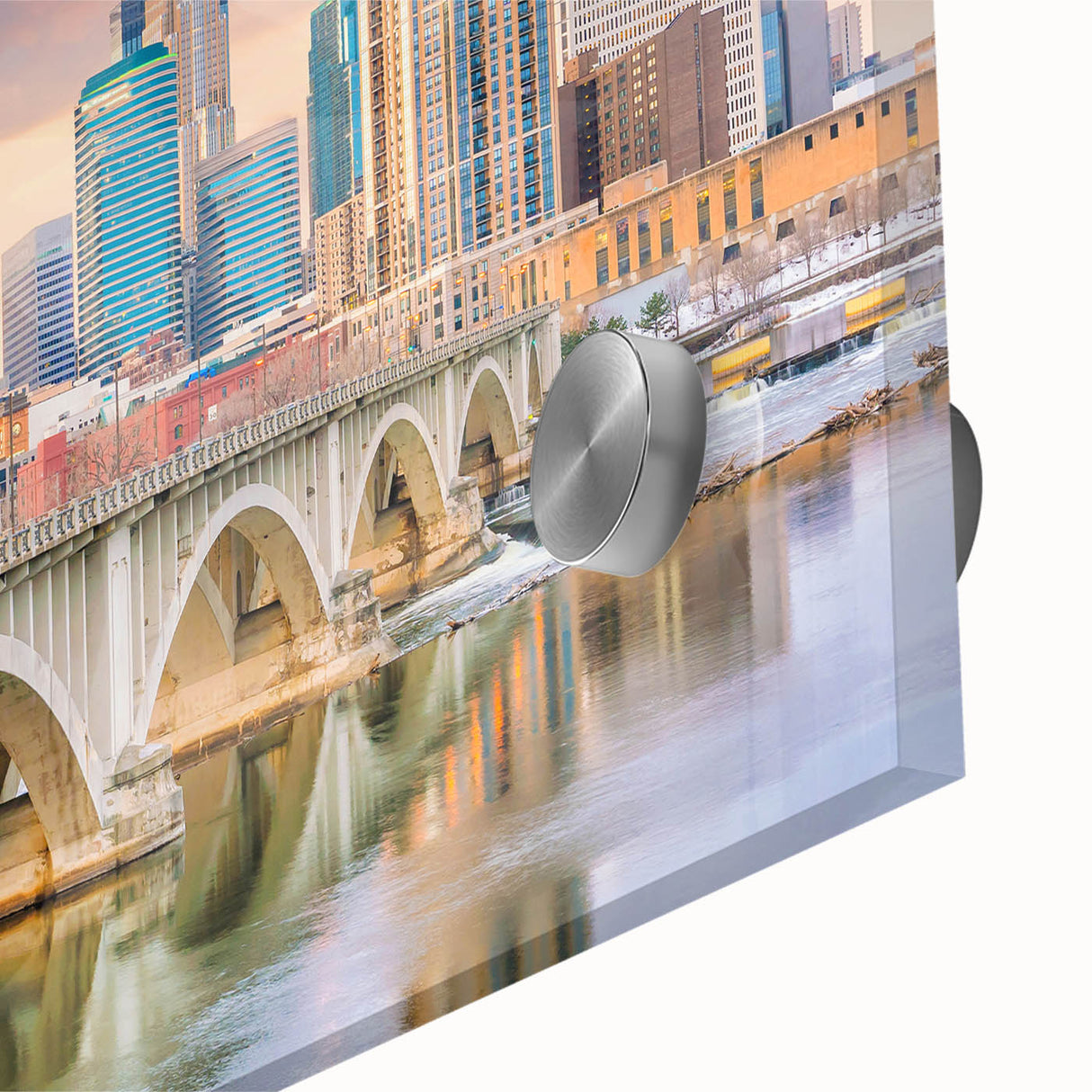 Large abstract wall art of Minneapolis skyline in muted colors on acrylic glass, suitable for dining room decor.