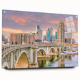 Acrylic print of Minneapolis skyline in muted blues and grays, ideal for modern bedroom or dining room decor.
