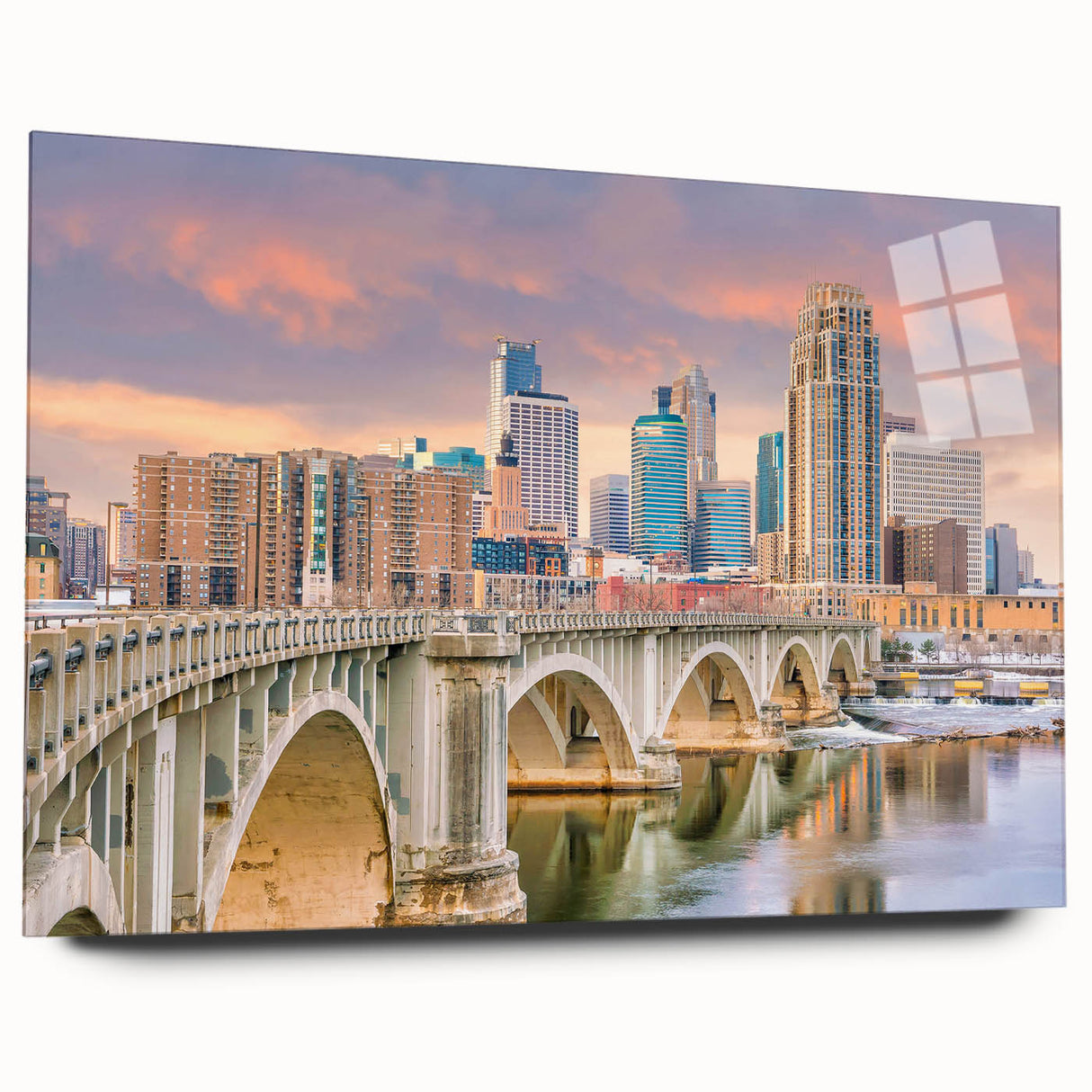 Acrylic print of a large abstract depiction of the Minneapolis skyline in cool blue and gray tones.