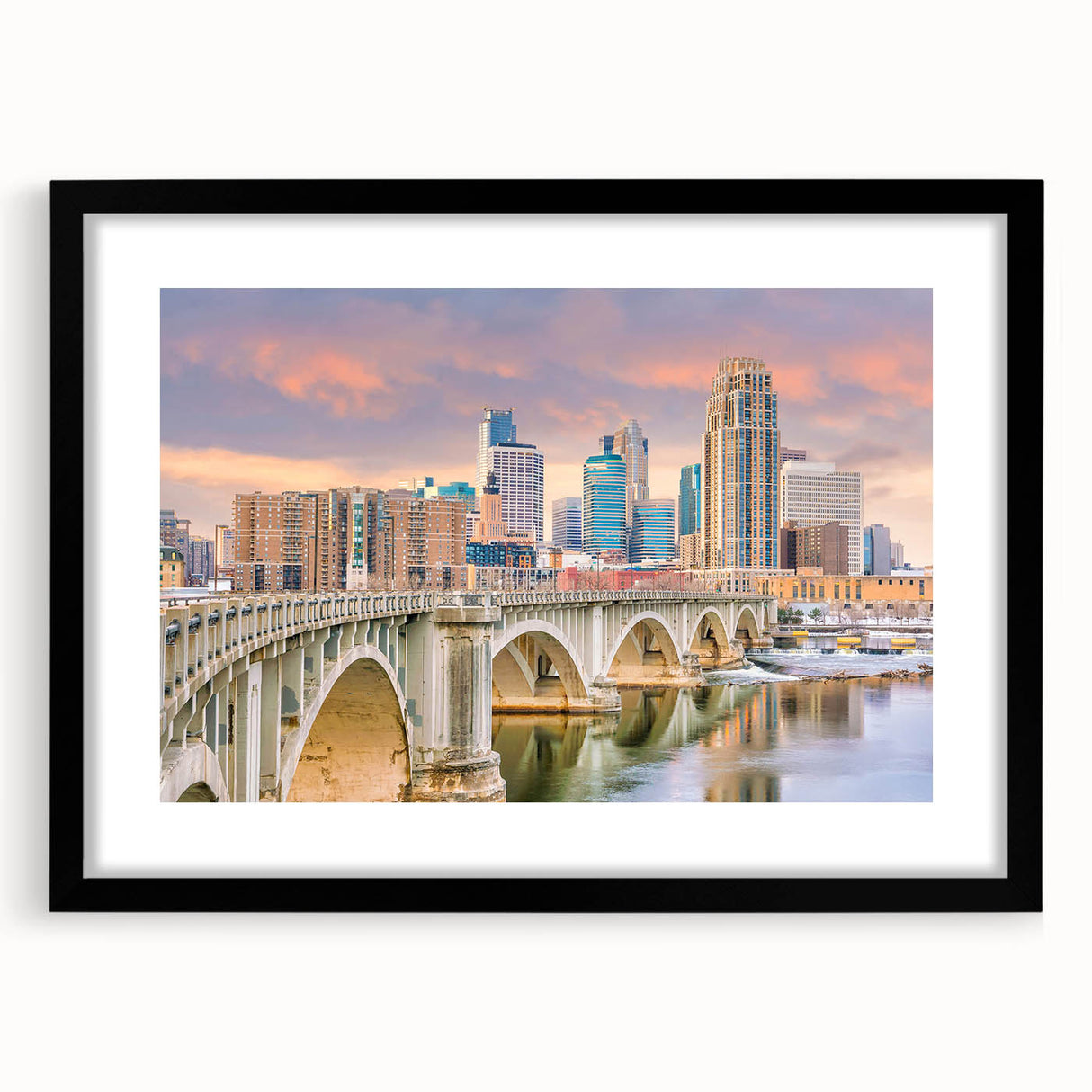 Abstract art print of Minneapolis skyline featuring textured, colorful art in extra large format.