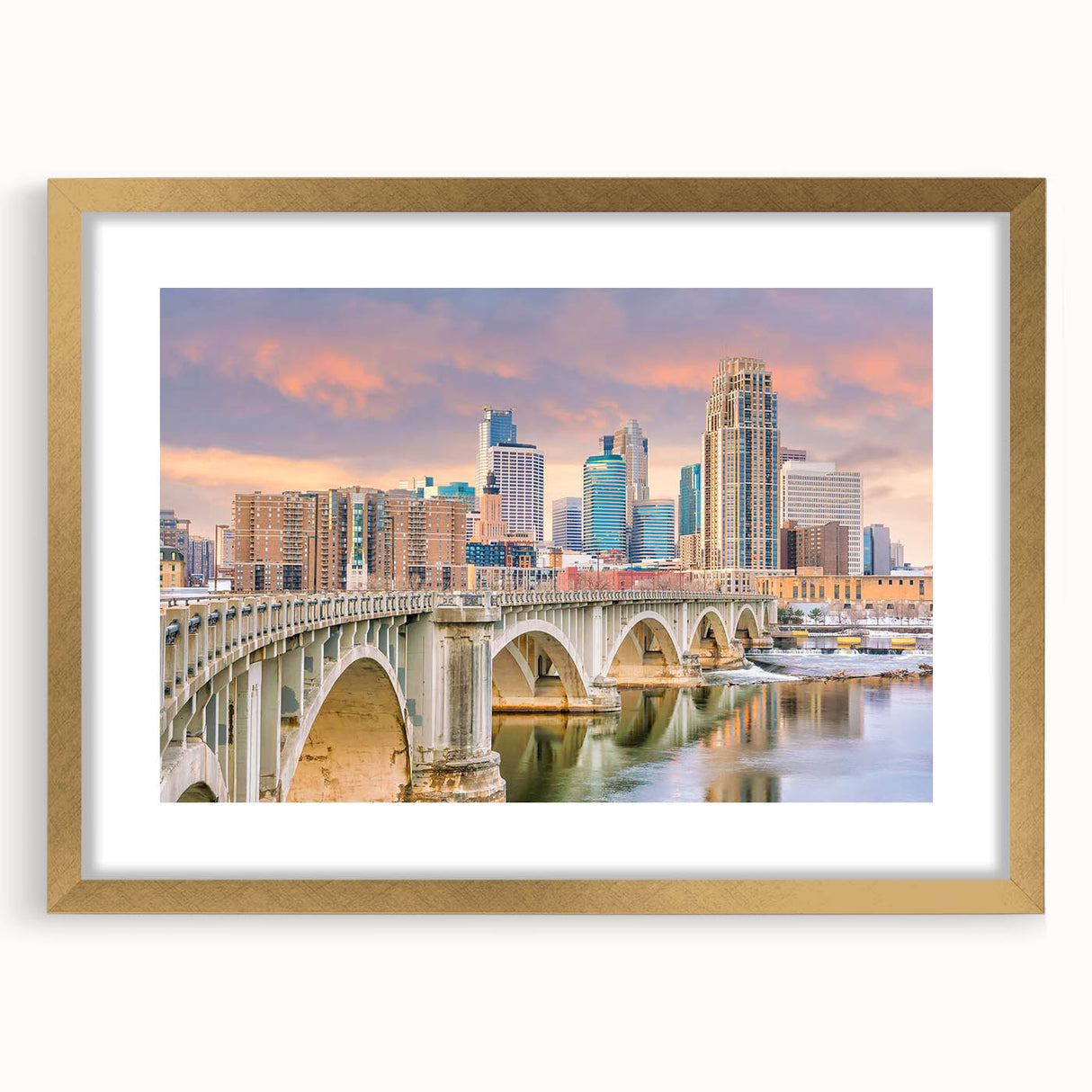 Extra large abstract art print of Minneapolis skyline in muted blue and gray tones on a gold-framed canvas.