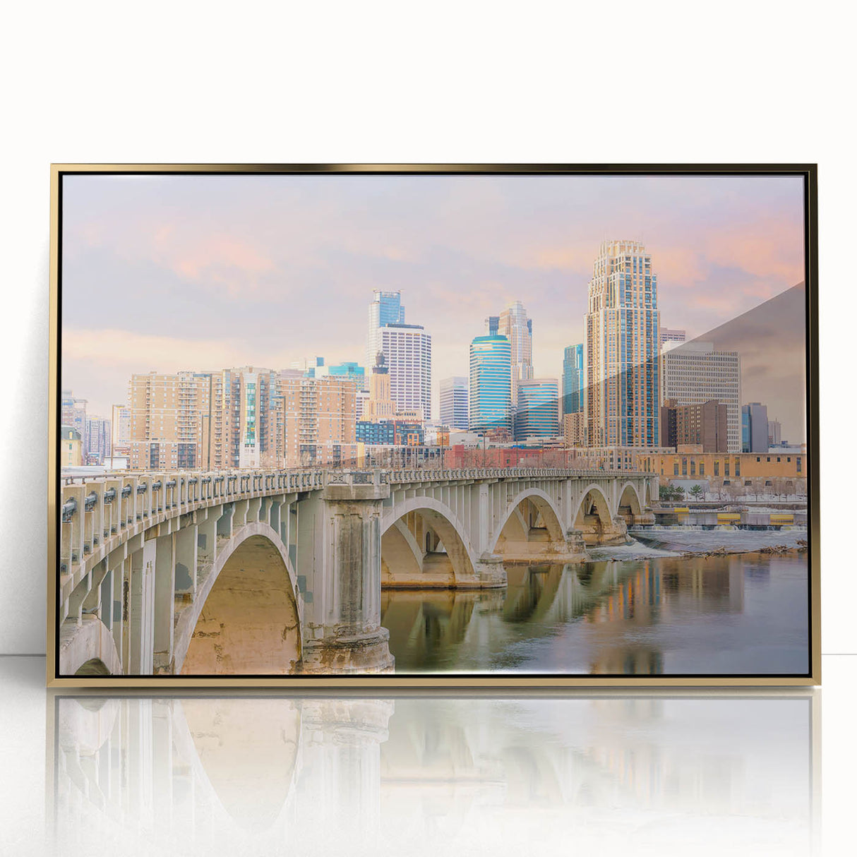 Framed acrylic print of Minneapolis skyline in mid-century modernist style, using gold and blue tones.