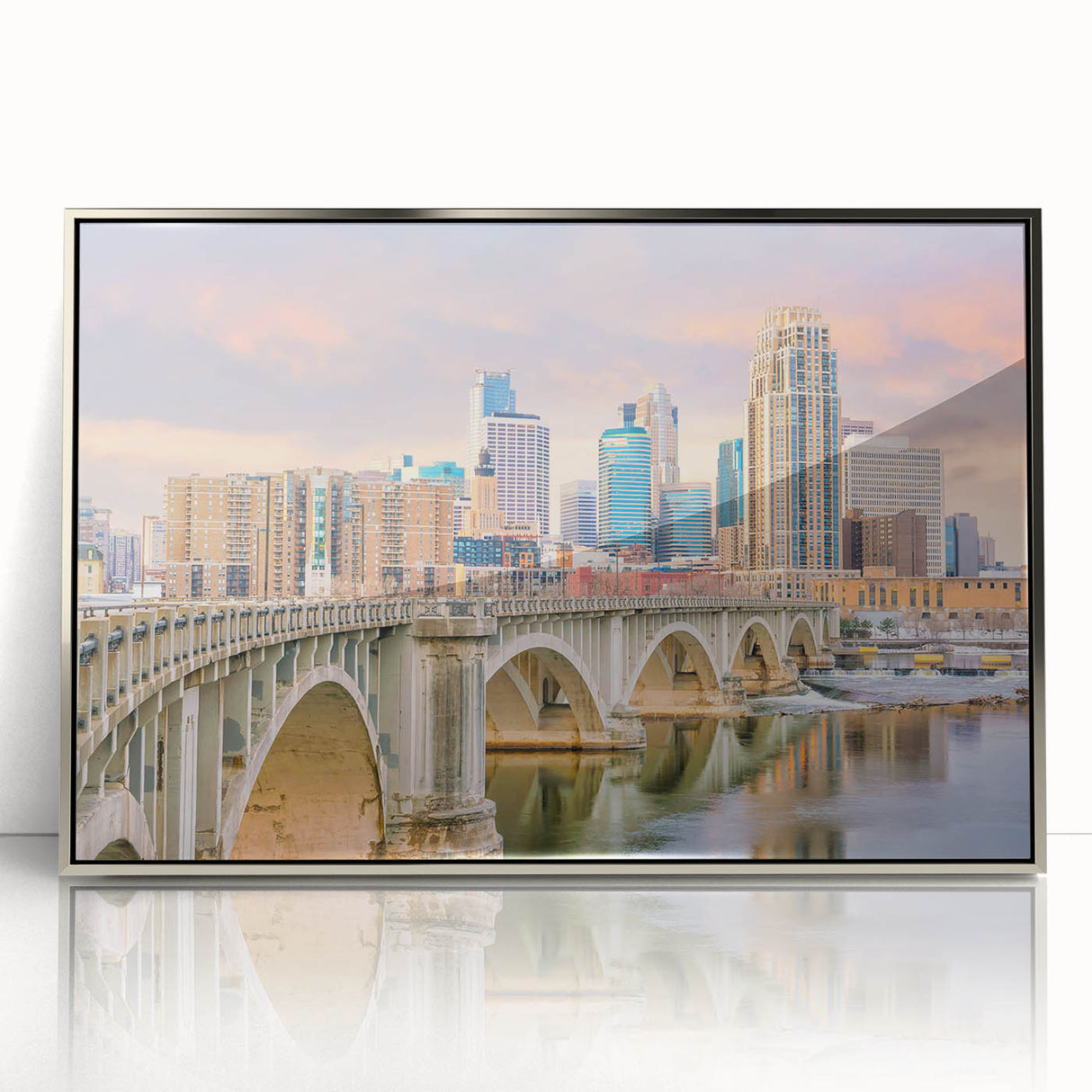 Mid-century modernist art of Minneapolis skyline in muted blue tones on a framed acrylic print.