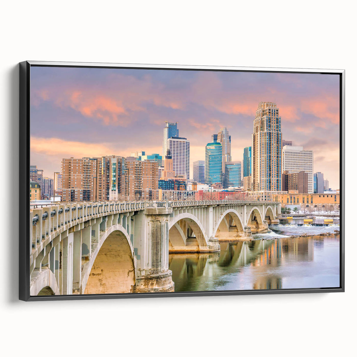 Black and white framed canvas of Minneapolis skyline, ideal for bedroom wall art.