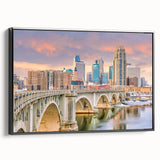 Black and white framed canvas of Minneapolis skyline, ideal for bedroom wall art.