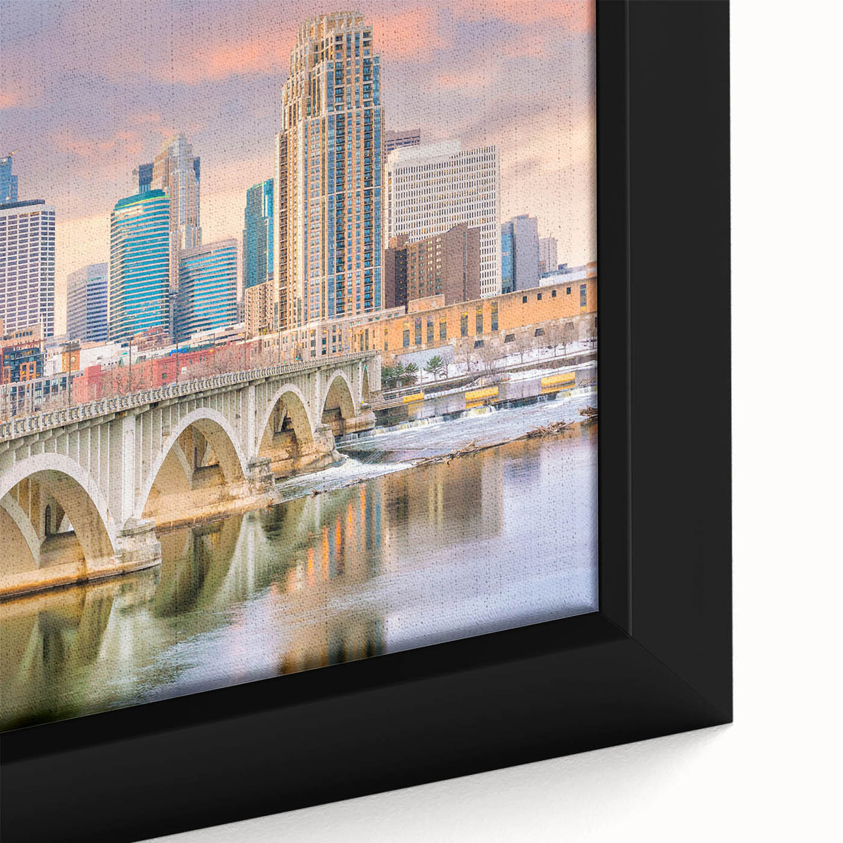 Extra large framed canvas featuring a textured depiction of Minneapolis skyline in black with colorful accents.