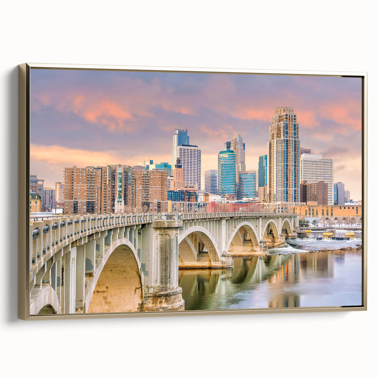 Framed canvas of Minneapolis landscape in muted gold and black tones, ideal for bedroom wall art.