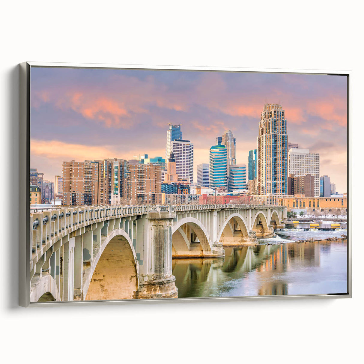Framed canvas of a vintage Minneapolis landscape painting in colorful hues, ideal for living room decor.